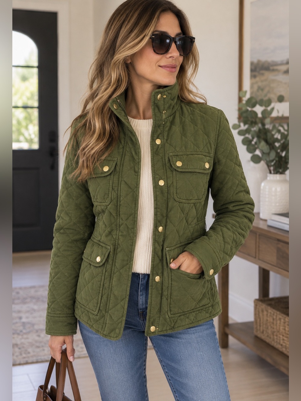J.Crew Quilted Utility Jacket Olive Green Gold Snap 4 Pocket size Small